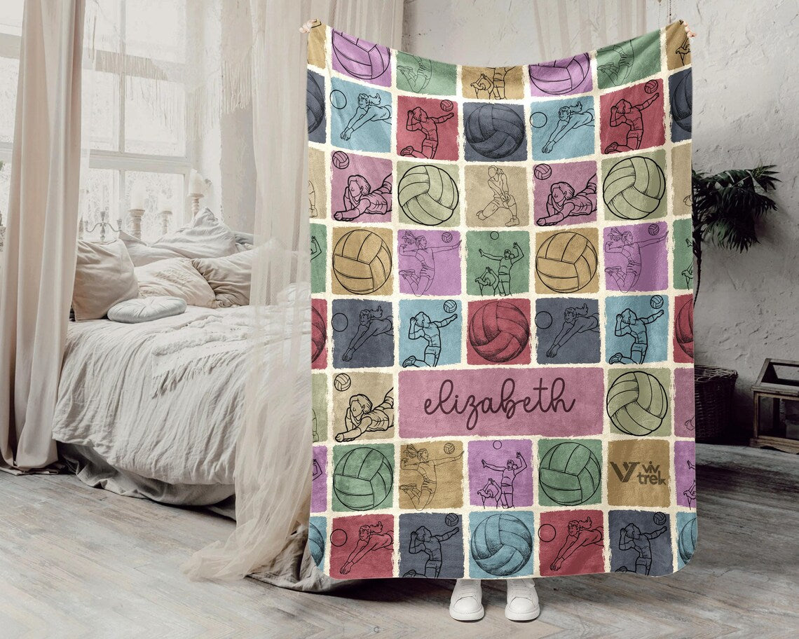 Custom Volleyball Lover Blanket Gift, Personalized Name Vintage Volleyball Throw, Cozy Sports Blanket, Unique Volleyball Gift Idea