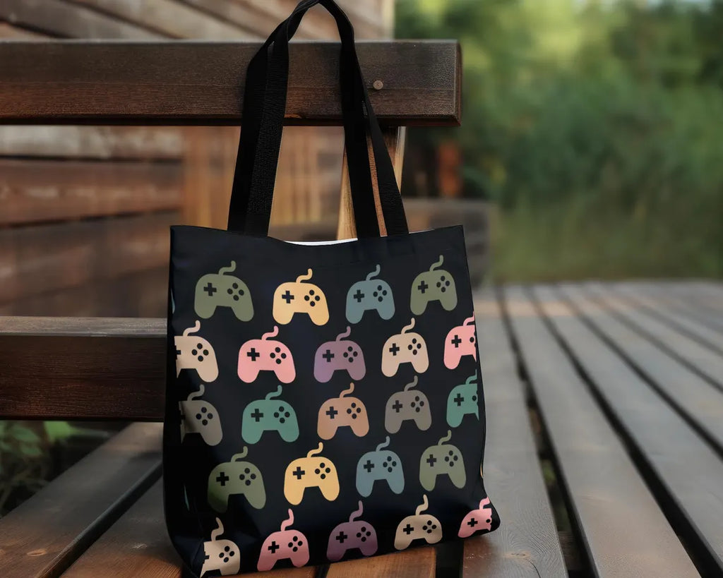 Retro Video Gaming Tote Bag | Vintage Controller Shoulder Bag | Reusable Gamer Carry Bag Gift for Console or PC Players