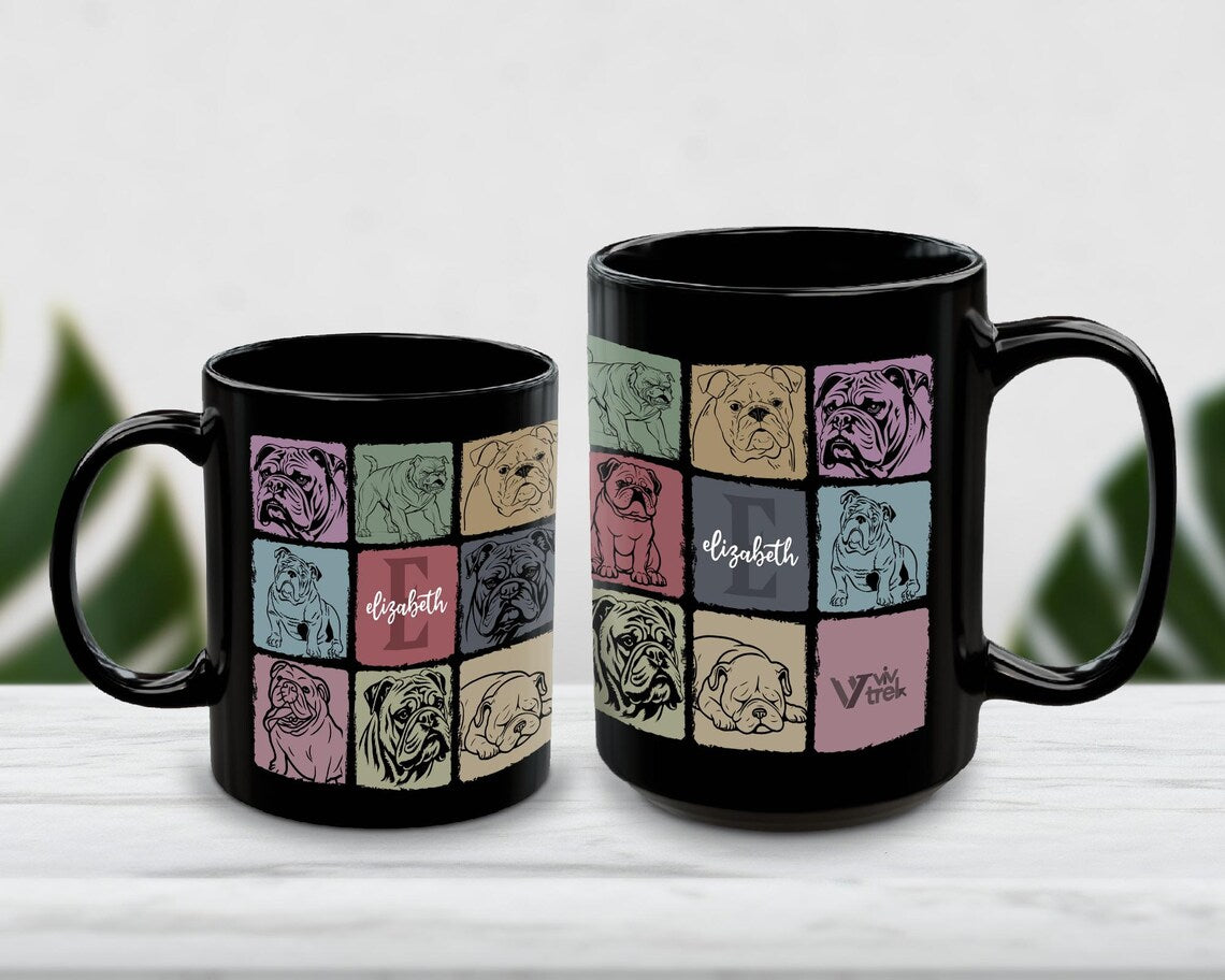Custom Initial Name Mug | Personalized English Bulldog Lover Cup | Retro Vintage Coffee Mug | Funny Dog Owner Gift | Unique Pet Present