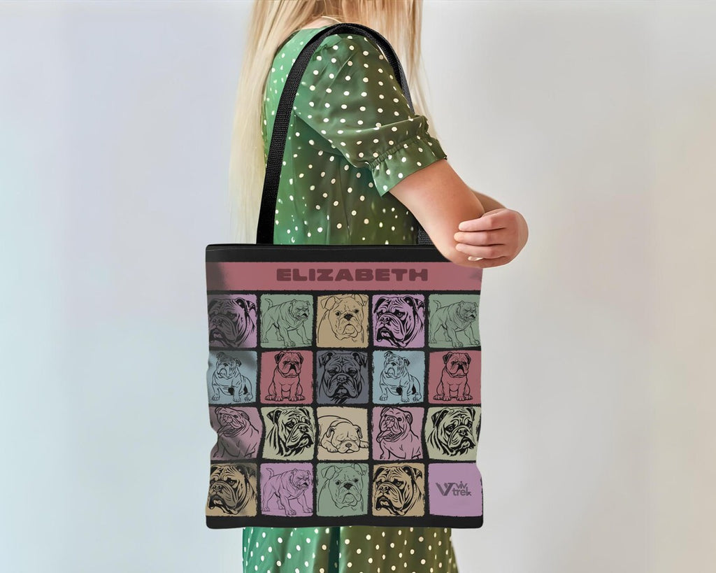 Custom Name English Bulldog Tote Bag, Personalized Retro Dog Lover Shoulder Bag, Vintage Cute Everyday Carry Bag, Stylish Custom Bulldog Tote