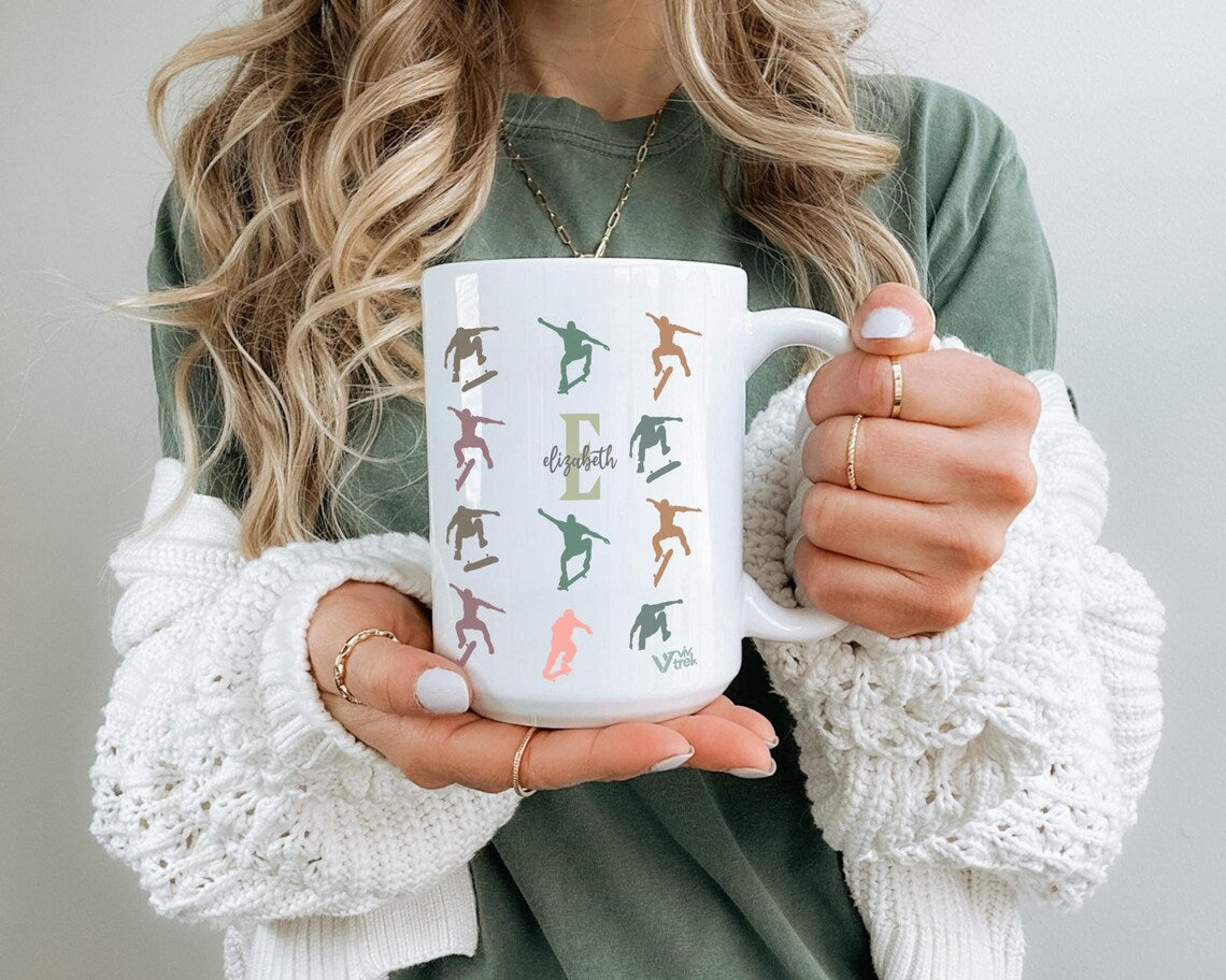 Personalized Retro Skateboarding Mug, Custom Initial Name Coffee Cup, Colorful Skater Gift for Him or Her, Unique Skateboarder Gift Idea