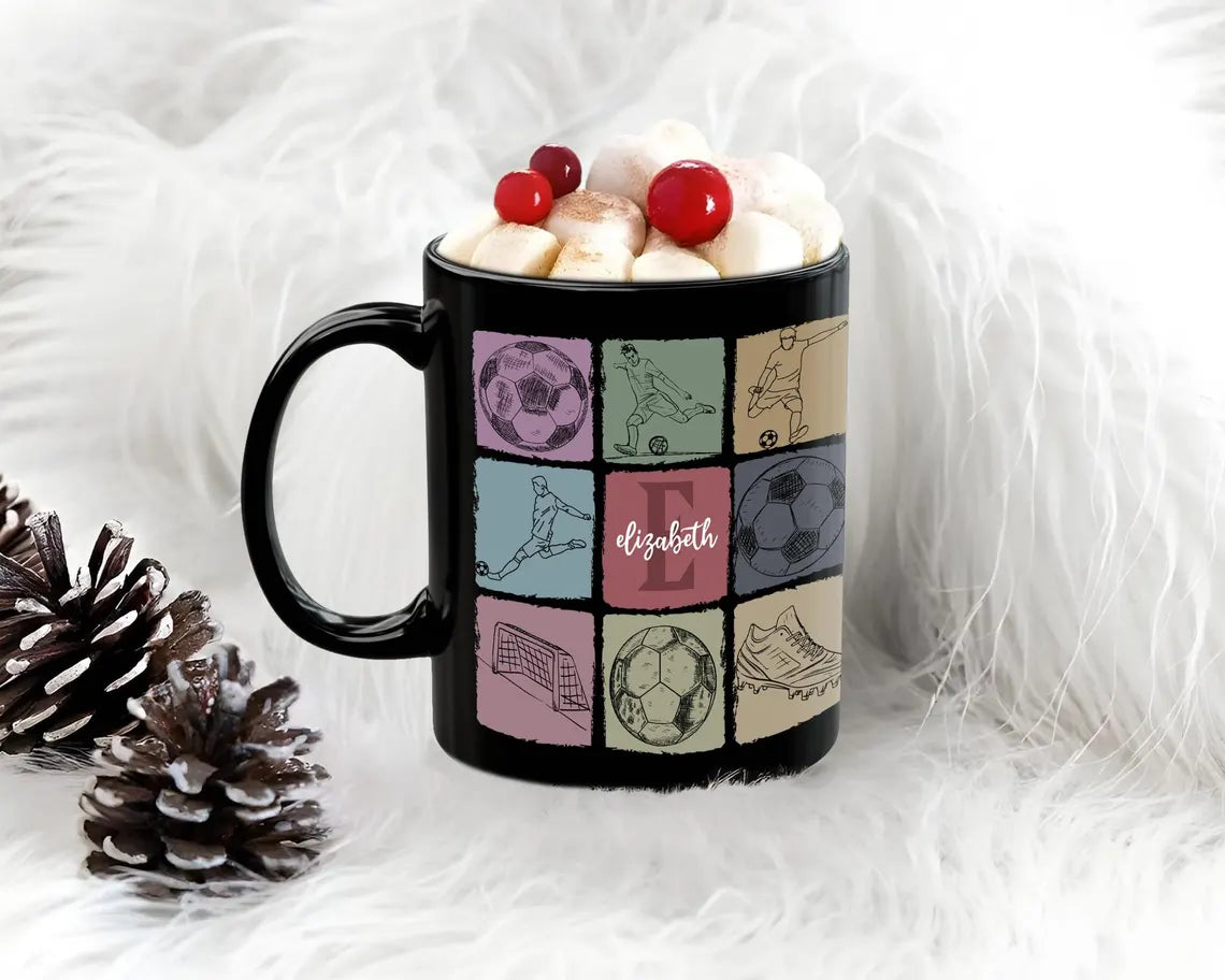 Vintage Custom Initial Name Soccer Mug, Personalized Soccer Coffee Cup, Colorful Soccer Fan Gift, Custom Name Sports Lover Present