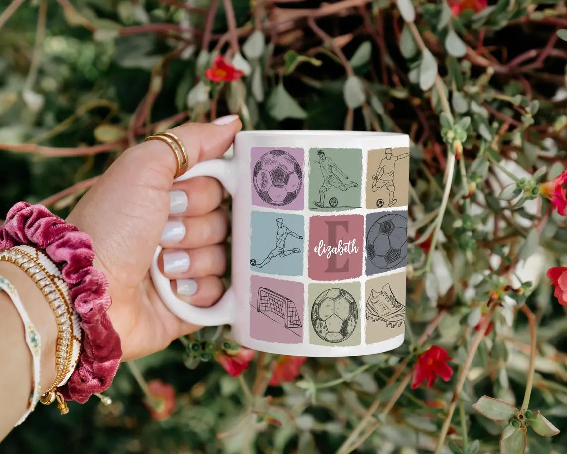 Vintage Custom Initial Name Soccer Mug, Personalized Soccer Coffee Cup, Colorful Soccer Fan Gift, Custom Name Sports Lover Present