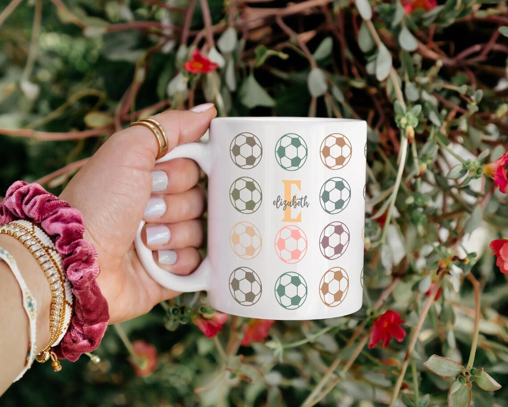 Retro Soccer Mug with Custom Initial Name, Personalized Soccer Coffee Cup, Colorful Soccer Fan Gift, Unique Soccer Player Coffee Present