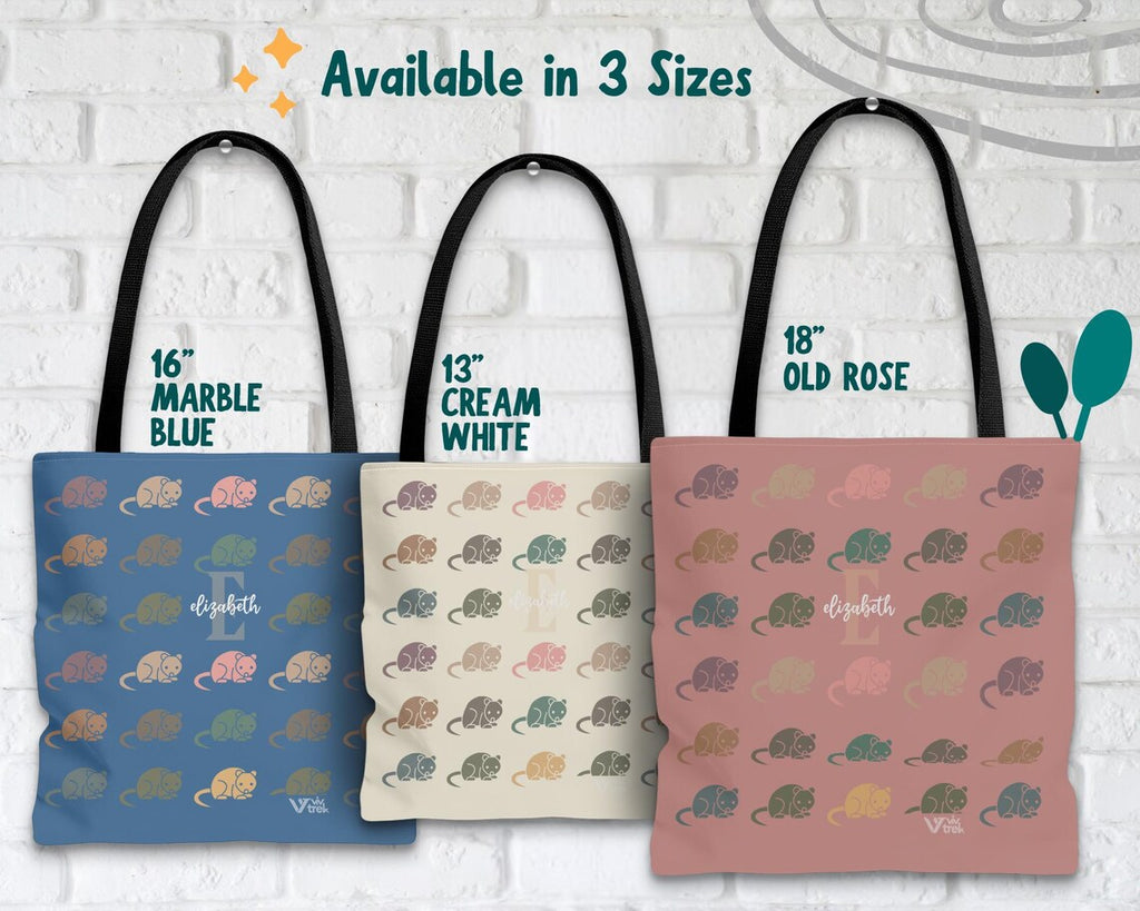 Custom Initial Name Possum Tote Bag – Personalized Retro Opossum Gift – Colorful Carry Bag Accessory