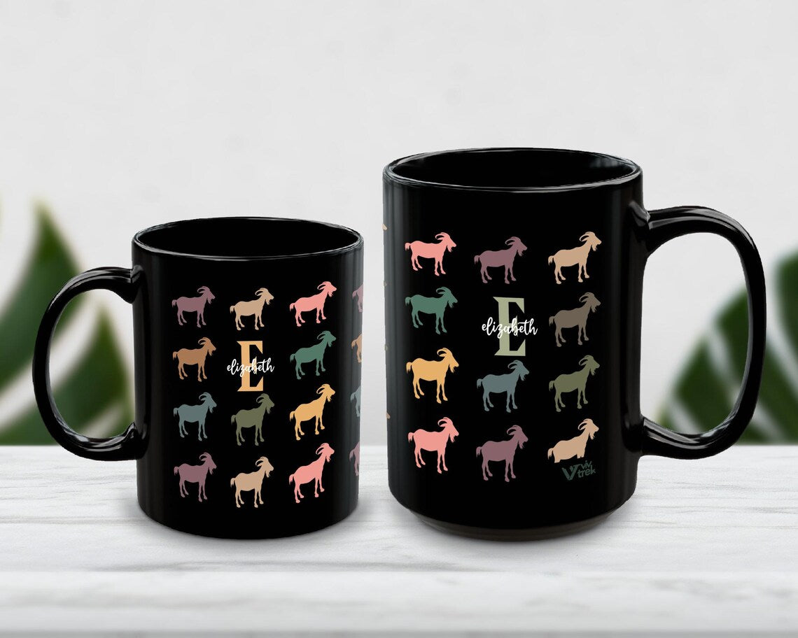 Retro Custom Initial Name Goat Coffee Mug | Personalized Farm Animal Gift | Cozy Graphic Cup | Unique Farmhouse Decor