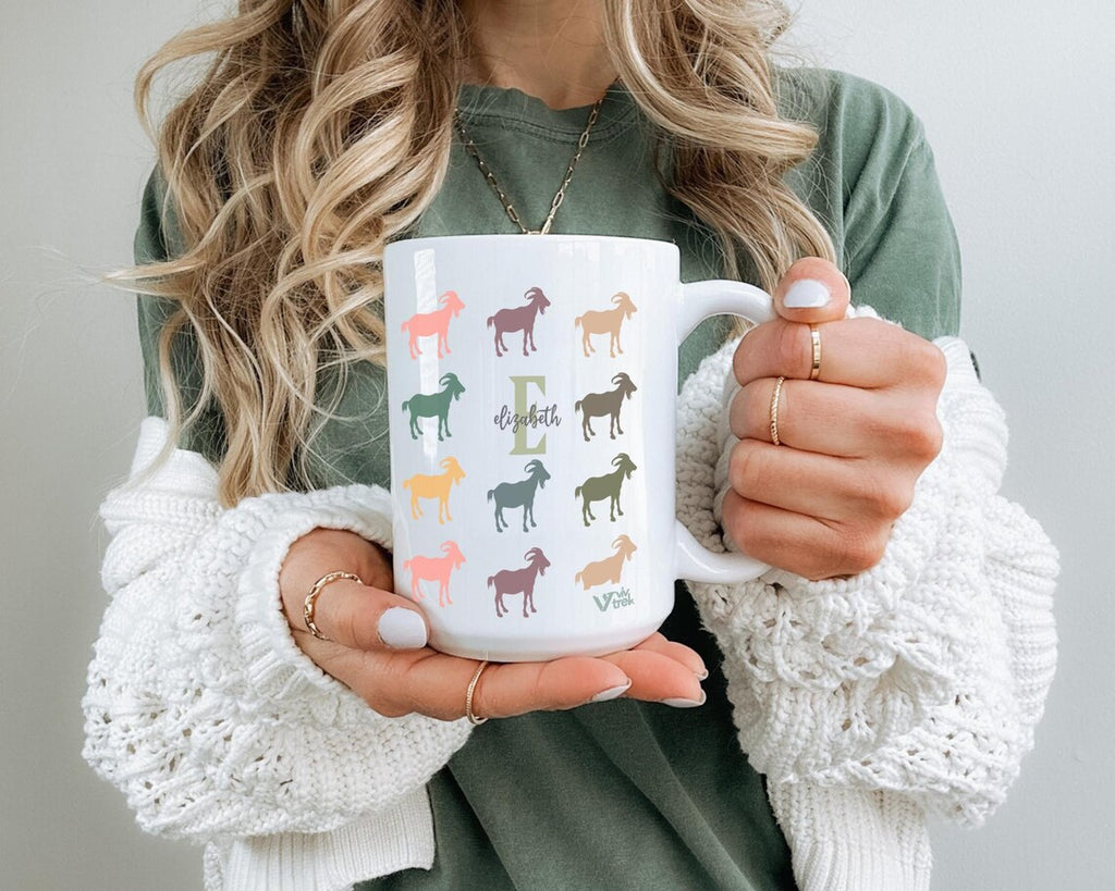 Retro Custom Initial Name Goat Coffee Mug | Personalized Farm Animal Gift | Cozy Graphic Cup | Unique Farmhouse Decor