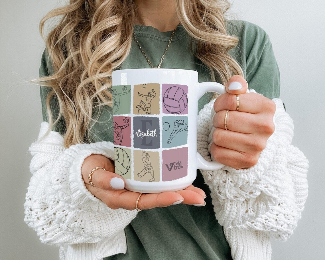 Custom Name Volleyball Coffee Mug, Personalized Initial Volleyball Gift, Vintage Sports Lover Mug, Team Volleyball Gift for Players