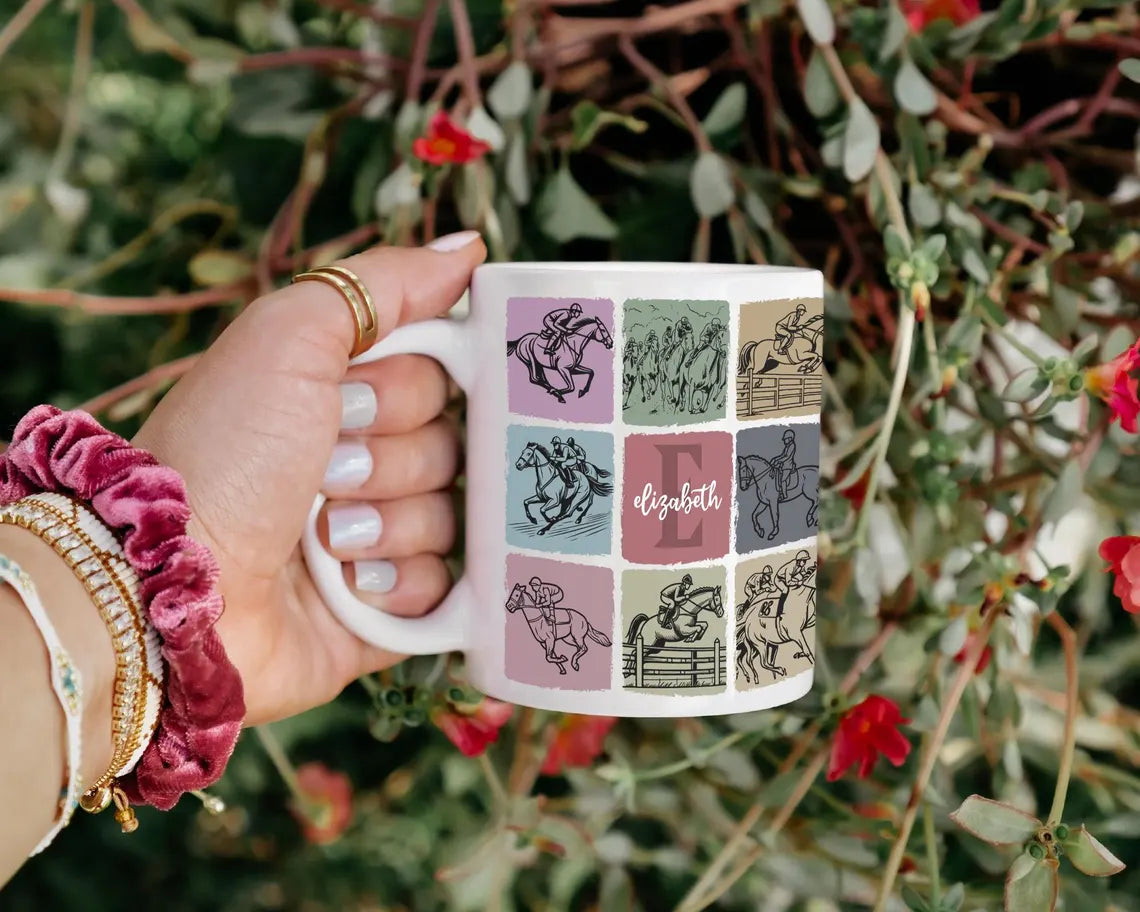 Custom Initial Name Horse Racing Mug – Personalized Coffee Cup – Sporty Drinkware Gift for Fans Jockeys