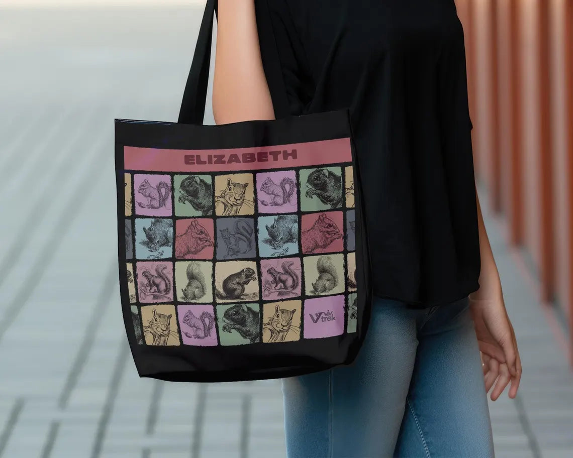 Custom Name Squirrel Tote Bag – Personalized Vintage Chipmunk Gift – Unique Distressed Nature Lover Carry Bag