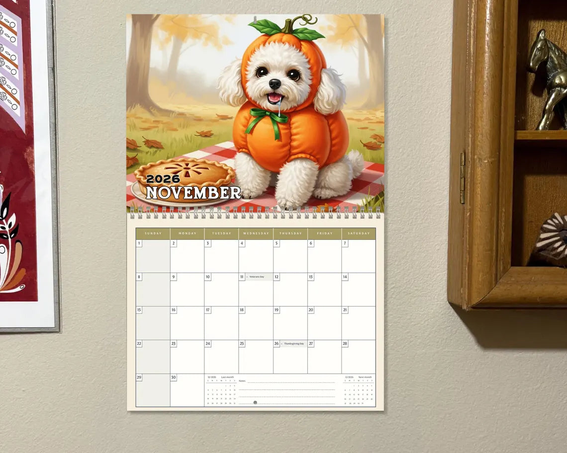 Poodle Dog 2026 Wall Calendar | Vintage Puppy Art Whimsical Dog Mom Gift