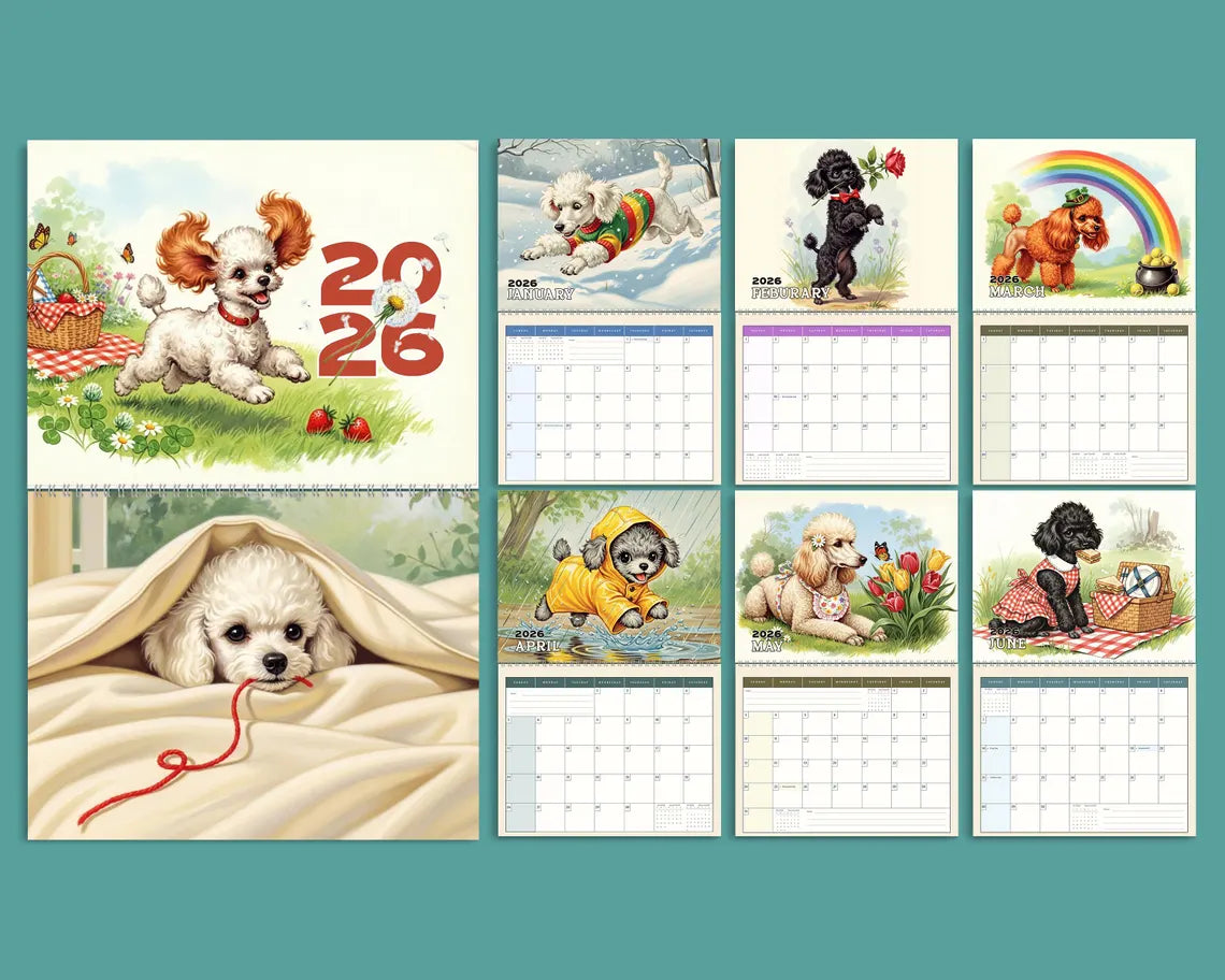 Poodle Dog 2026 Wall Calendar | Vintage Puppy Art Whimsical Dog Mom Gift