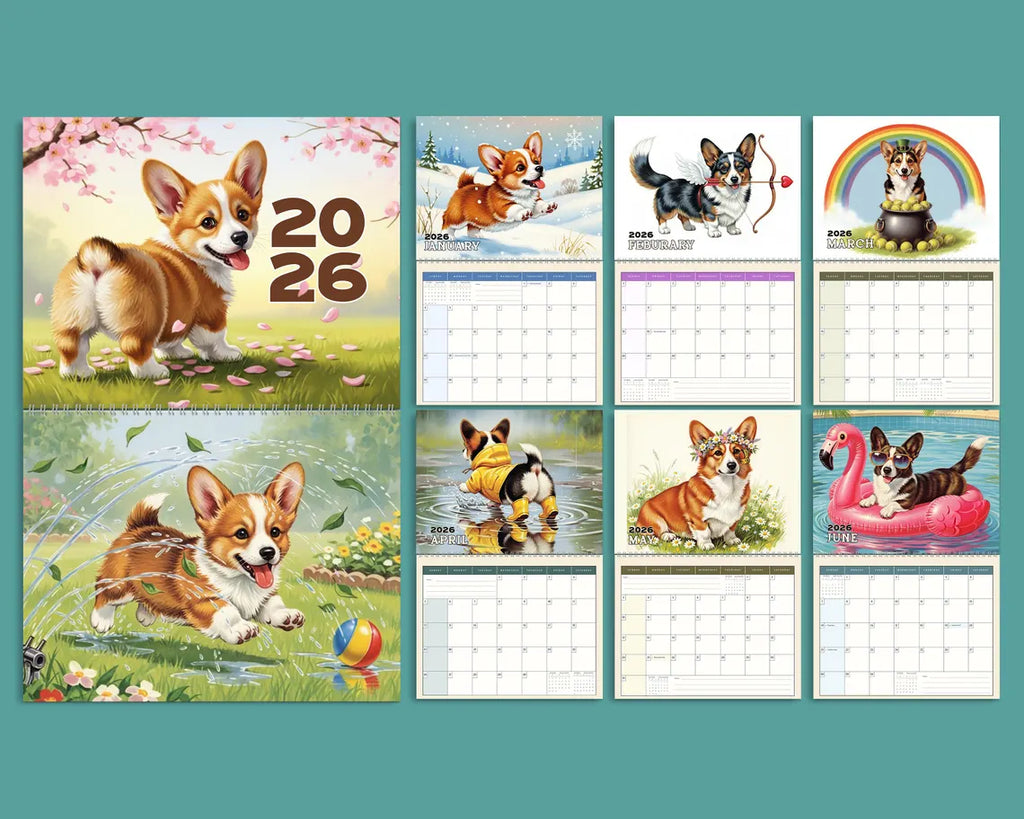 Cute Corgi 2026 Wall Calendar, Floral Dog Art Gift, Cherry Blossom Puppy Decor