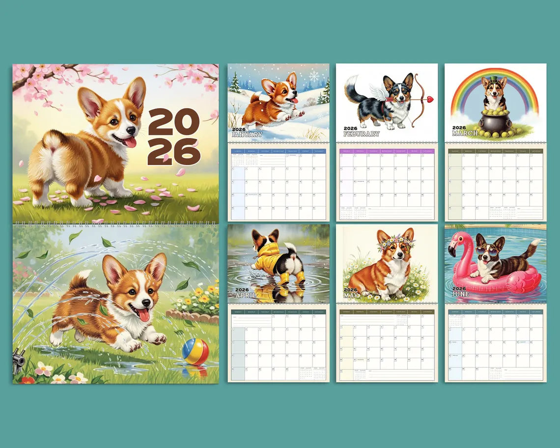 Cute Corgi 2026 Wall Calendar, Floral Dog Art Gift, Cherry Blossom Puppy Decor