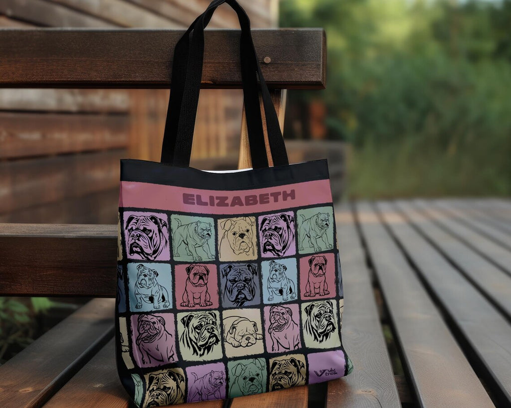 Custom Name English Bulldog Tote Bag, Personalized Retro Dog Lover Shoulder Bag, Vintage Cute Everyday Carry Bag, Stylish Custom Bulldog Tote