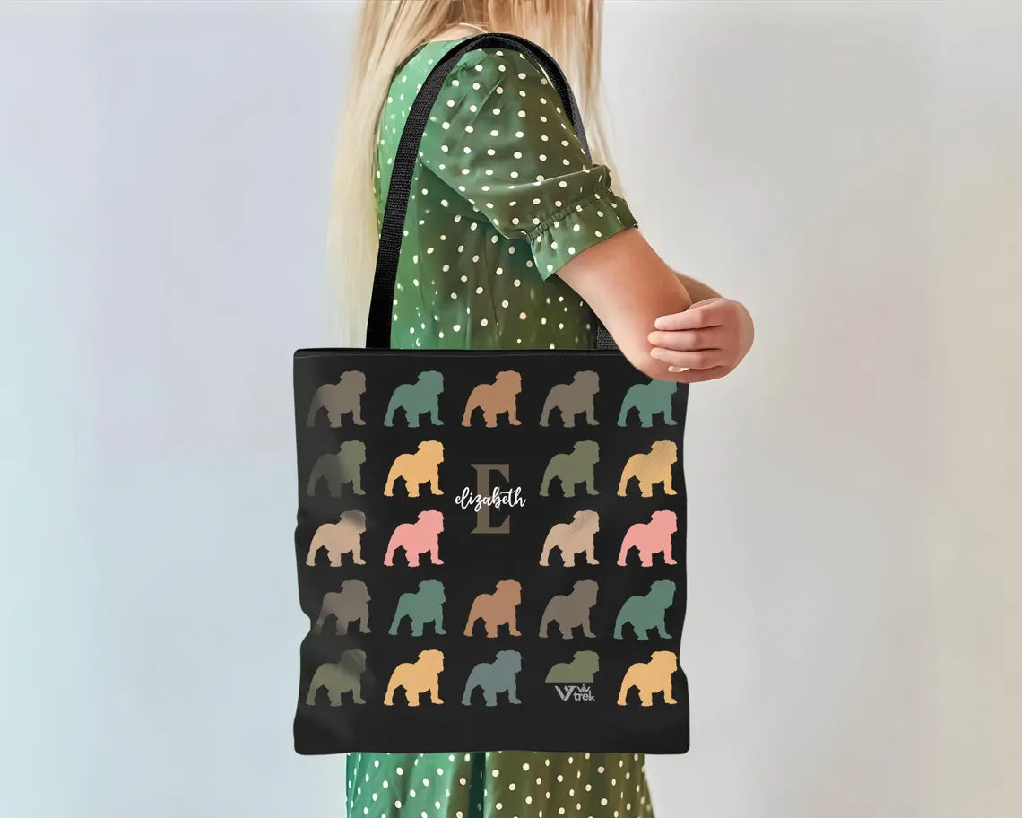 Custom Name Retro Bulldog Tote Bag | Personalized Vintage Shoulder Bag for Dog Lovers | Cute Pet Owner Gift | Stylish English Bulldog Shopper