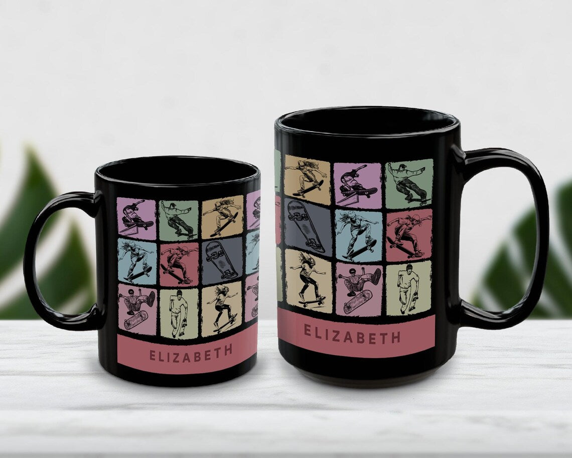 Custom Name Skateboarding Mug, Personalized Skater Coffee Cup, Vintage Skateboarder Gift, Custom Initial Mug, Colorful Skater Gift Idea