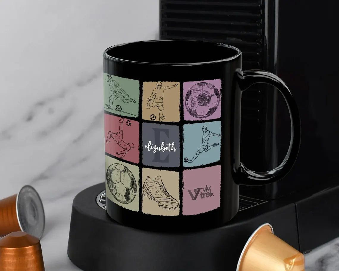 Vintage Custom Initial Name Soccer Mug, Personalized Soccer Coffee Cup, Colorful Soccer Fan Gift, Custom Name Sports Lover Present