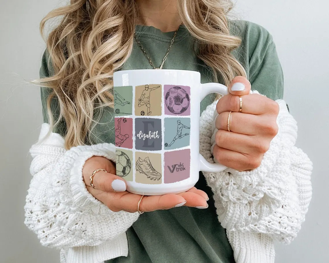 Vintage Custom Initial Name Soccer Mug, Personalized Soccer Coffee Cup, Colorful Soccer Fan Gift, Custom Name Sports Lover Present