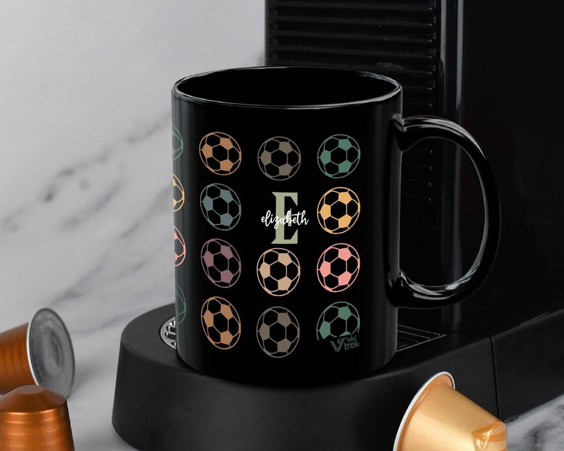 Retro Soccer Mug with Custom Initial Name, Personalized Soccer Coffee Cup, Colorful Soccer Fan Gift, Unique Soccer Player Coffee Present