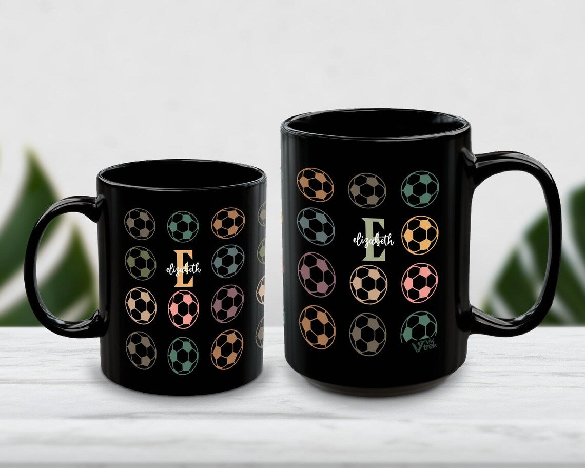 Retro Soccer Mug with Custom Initial Name, Personalized Soccer Coffee Cup, Colorful Soccer Fan Gift, Unique Soccer Player Coffee Present