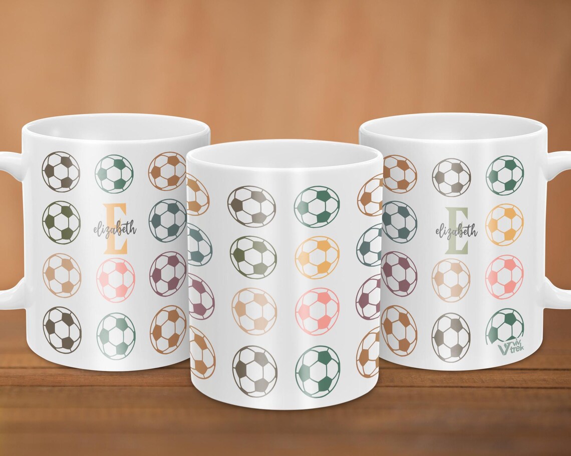 Retro Soccer Mug with Custom Initial Name, Personalized Soccer Coffee Cup, Colorful Soccer Fan Gift, Unique Soccer Player Coffee Present