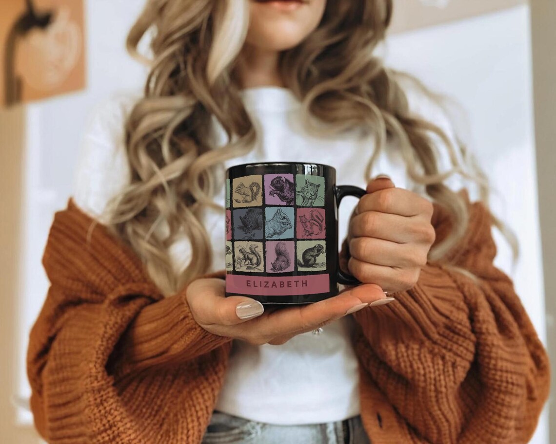 Vintage Custom Name Squirrel Coffee Mug, Personalized Squirrel Lover Gift, Colorful Custom Name Mug for Coffee & Nature Enthusiasts