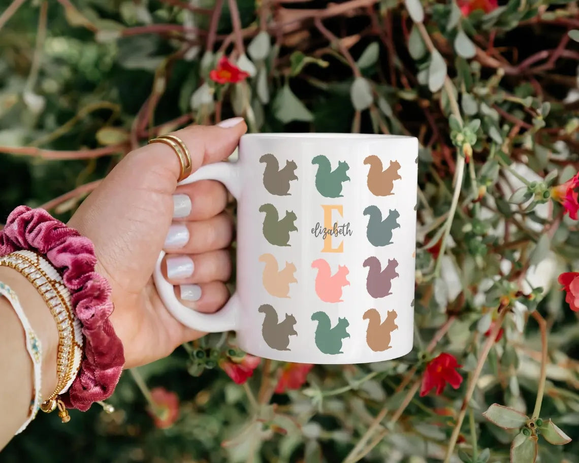 Personalized Custom Initial Name Mug, Retro Squirrel Coffee Mug, Colorful Squirrel Lover Gift, Custom Name Coffee Mug for Nature Fans