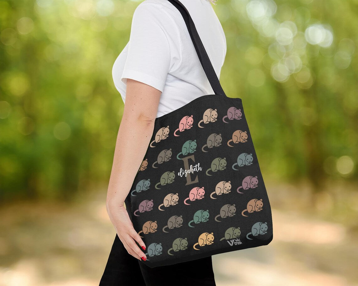 Custom Initial Name Possum Tote Bag – Personalized Retro Opossum Gift – Colorful Carry Bag Accessory