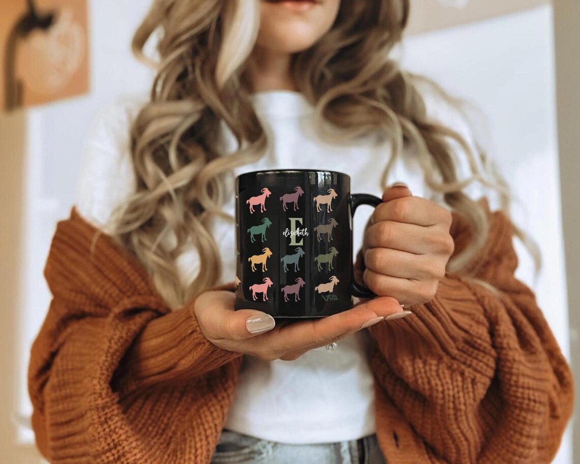 Retro Custom Initial Name Goat Coffee Mug | Personalized Farm Animal Gift | Cozy Graphic Cup | Unique Farmhouse Decor