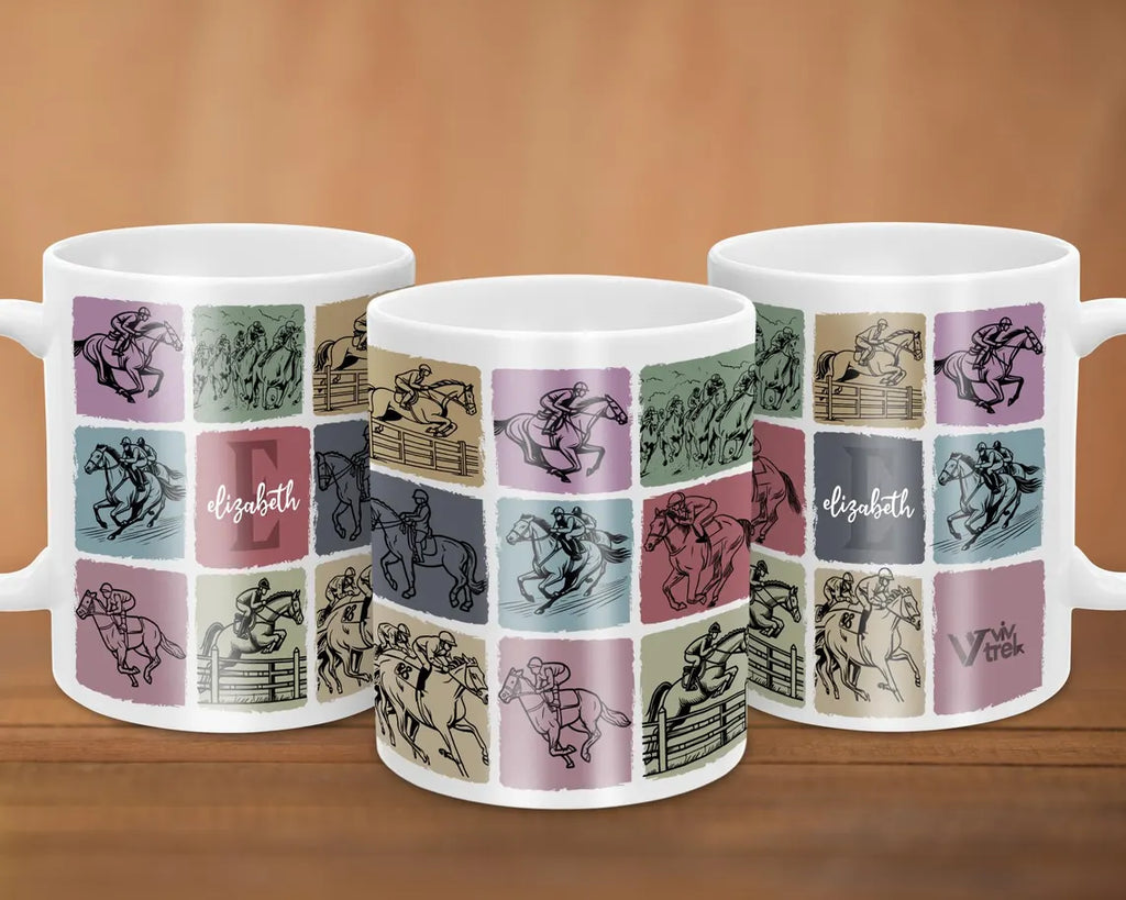Custom Initial Name Horse Racing Mug – Personalized Coffee Cup – Sporty Drinkware Gift for Fans Jockeys