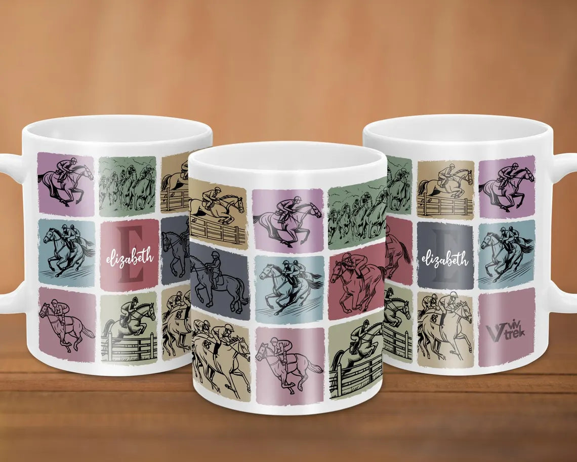 Custom Initial Name Horse Racing Mug – Personalized Coffee Cup – Sporty Drinkware Gift for Fans Jockeys