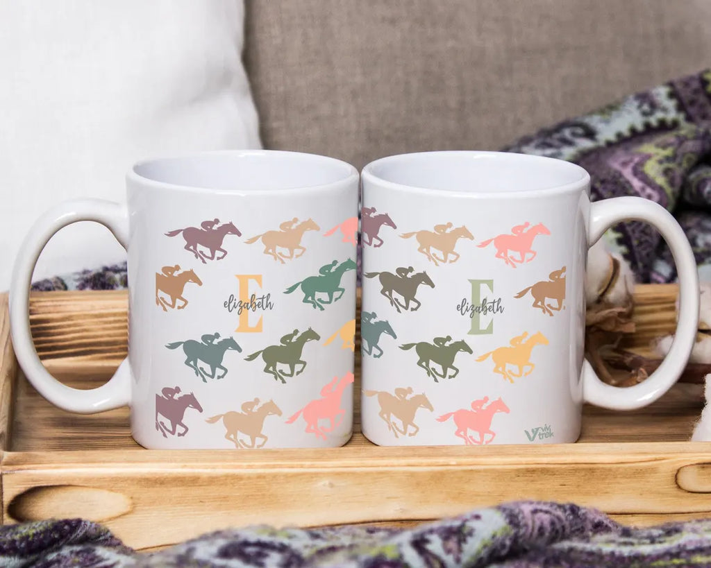 Custom Initial Name Horse Racing Mug – Retro Personalized Coffee Cup – Sporty Drinkware Gift for Fans
