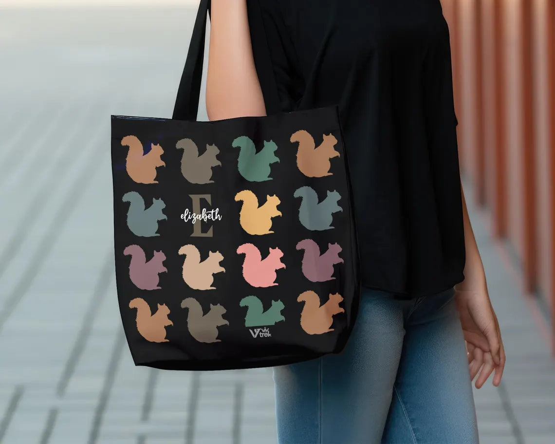 Custom Initial Name Squirrel Tote Bag – Retro Personalized Chipmunk Gift – Unique Distressed Nature Lover Carryall