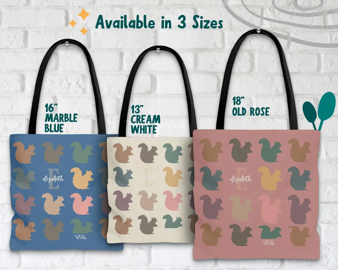 Custom Initial Name Squirrel Tote Bag – Retro Personalized Chipmunk Gift – Unique Distressed Nature Lover Carryall