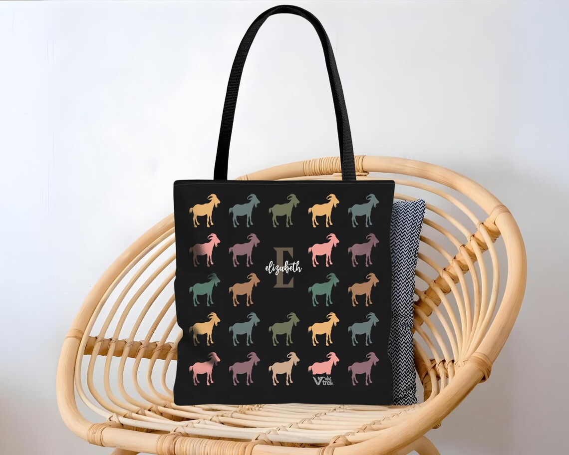 Retro Custom Name Initial Goat Lover Tote Bag Gift | Personalized Farm Animal Graphic Carryall | Unique Present