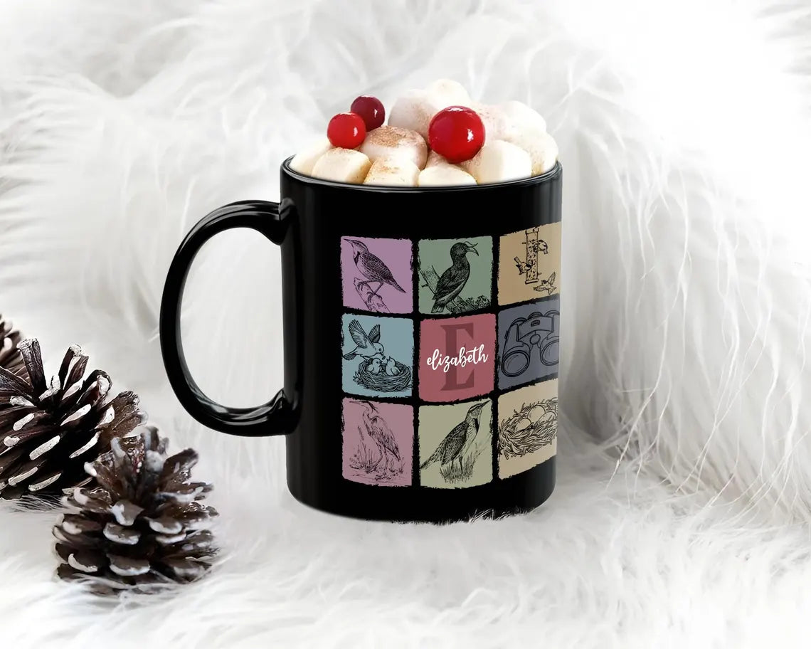 Birdwatcher Custom Initial Name Mug: Personalized Coffee Cup Gift for Bird Lover, Nature Enthusiast, Wildlife Gift for Him or Her