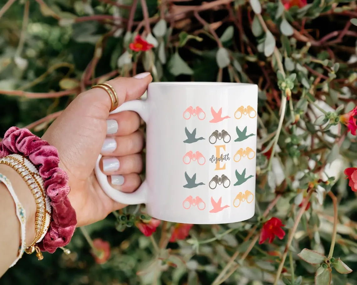 Birdwatcher Custom Initial Name Mug: Personalized Coffee Cup Gift for Nature Lover, Bird Watching Enthusiast, Wildlife Lover