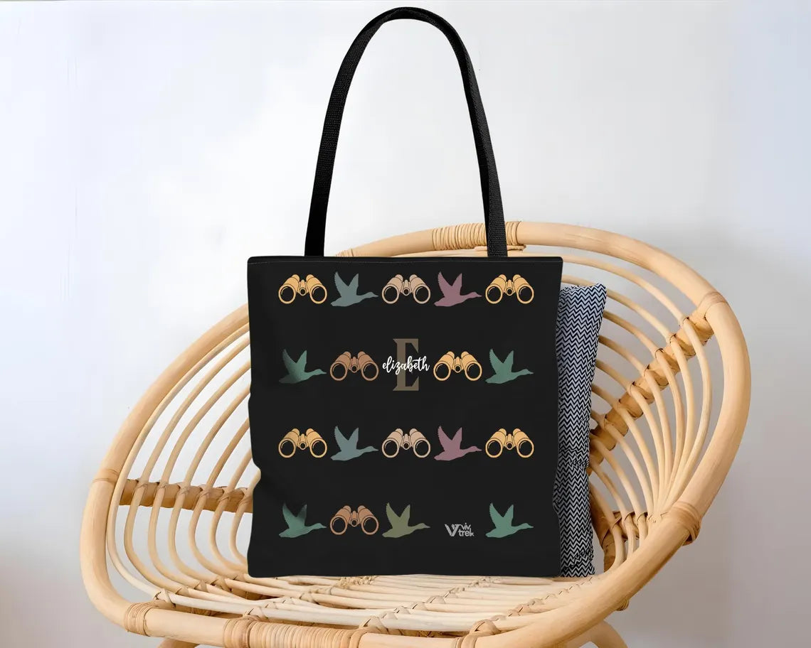 Personalized Birdwatcher Custom Initial Name Tote Bag - Bird Lover Gift Outdoor Adventure Eco Reusable Shopping Bag
