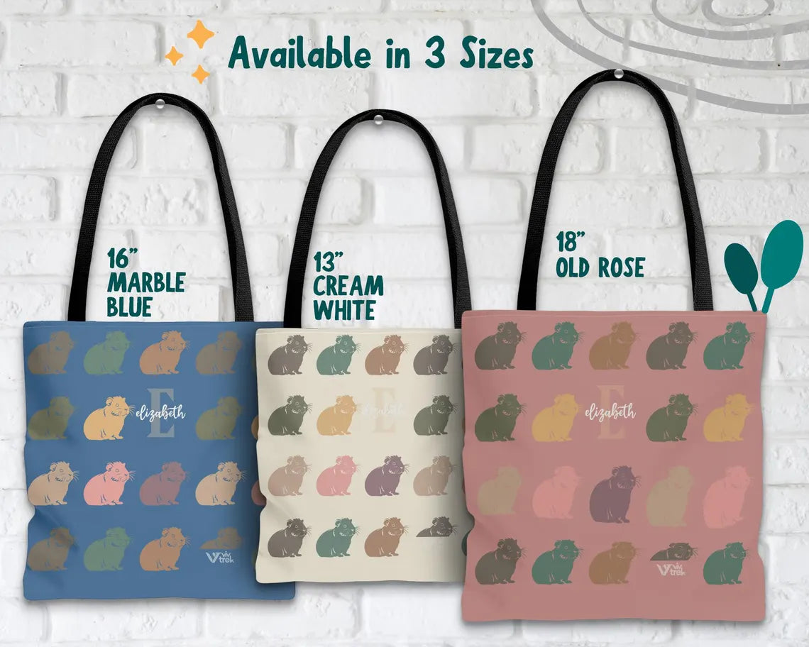 Guinea Pig Custom Initial Name Tote Bag – Personalized Pet Lover Gift Under $25, Vintage Retro Shopper 🐹🛍️