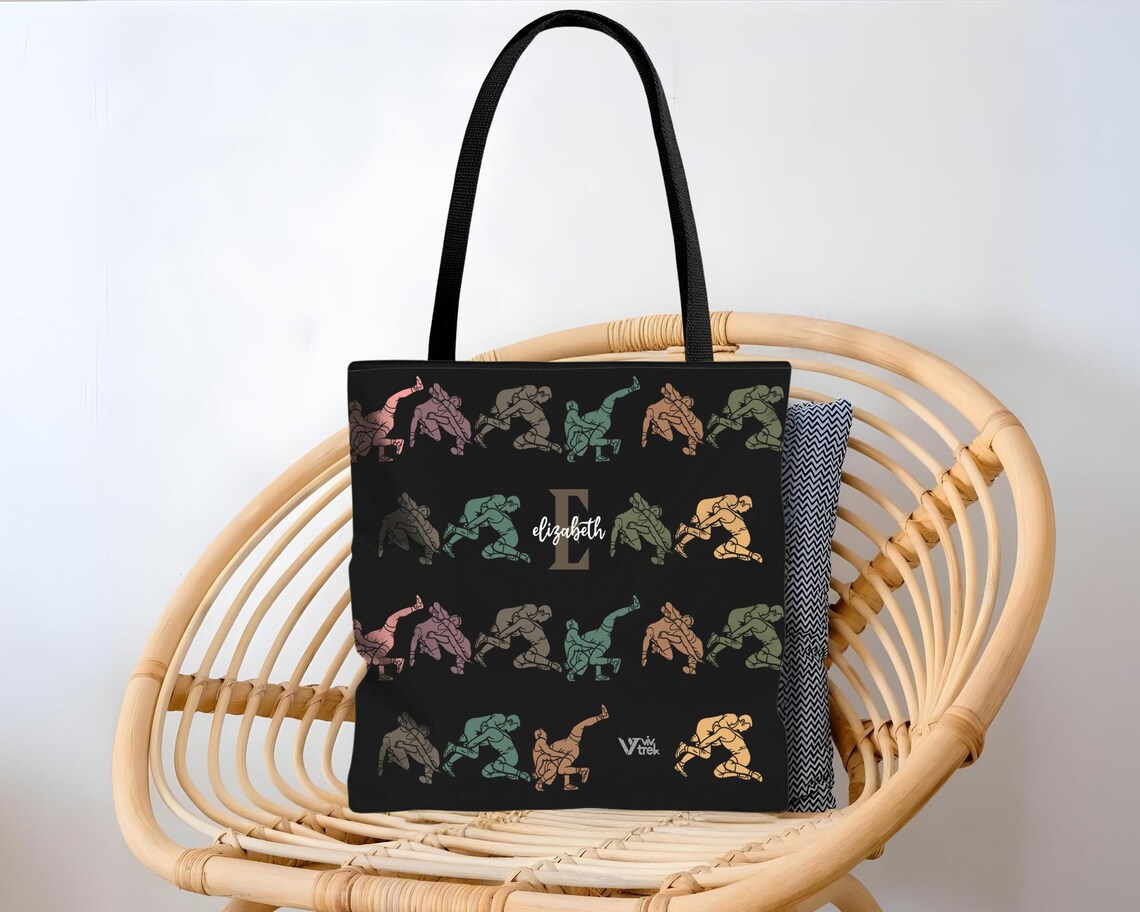 Wrestling Custom Name Initial Tote Bag - Vintage Personalized Sports Bag - Custom Wrestler Gift Retro Athlete Shoulder Bag