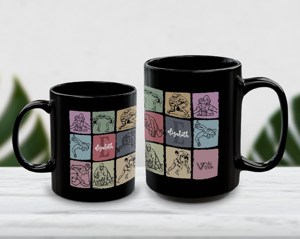 Personalized Name Initial Wrestling Mug - Custom Wrestler Gift Cup - Vintage Sports Lover Retro Athlete Coffee Mug