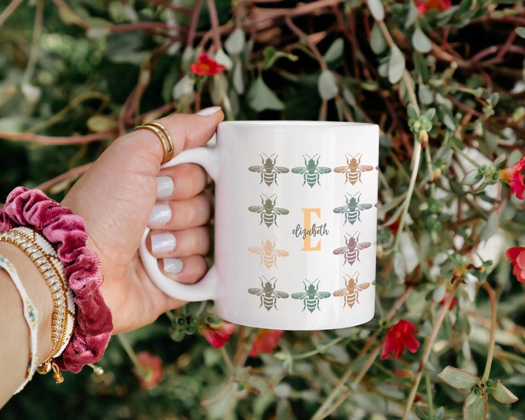 Retro Custom Name Initial Bee Mug | Personalized Honeybee Lover Cup | Cozy Queen Bee Present | Unique Animal Drinkware Gift