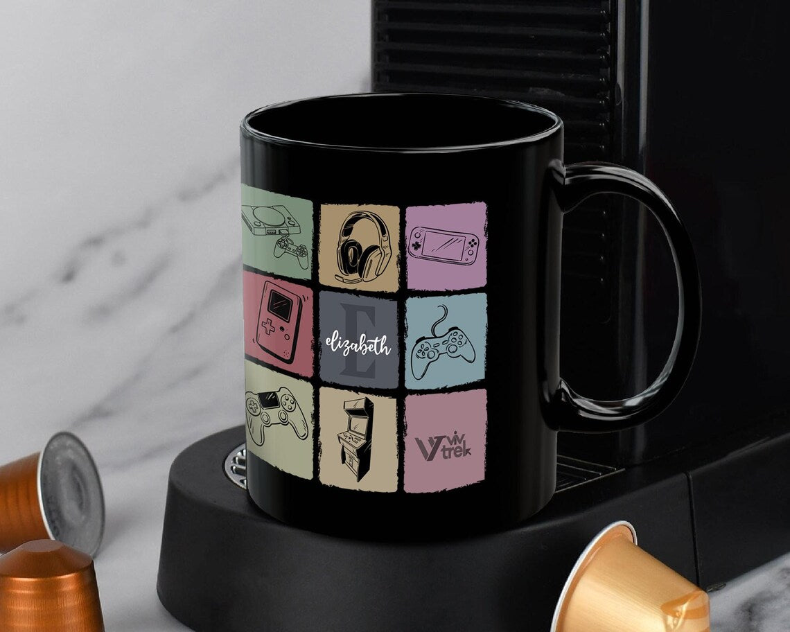 Custom Initial Name Mug | Personalized Video Gaming Coffee Cup | Vintage Retro Gamer Gift Idea | Classic Console Present for Game Lovers