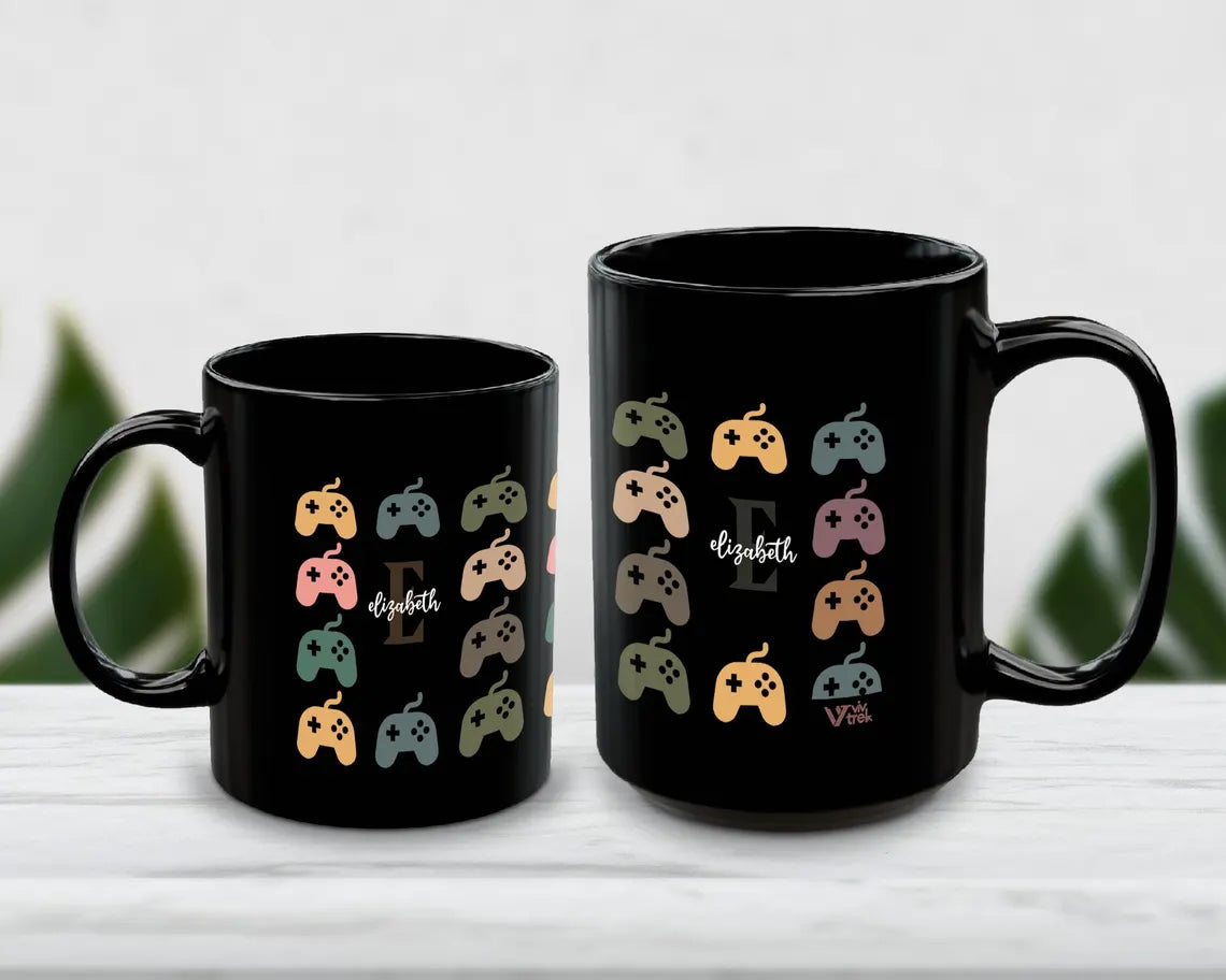Custom Initial Name Mug | Personalized Retro Video Gaming Coffee Cup | Arcade Gamer Gift | Fun Classic Game Lovers Player Present