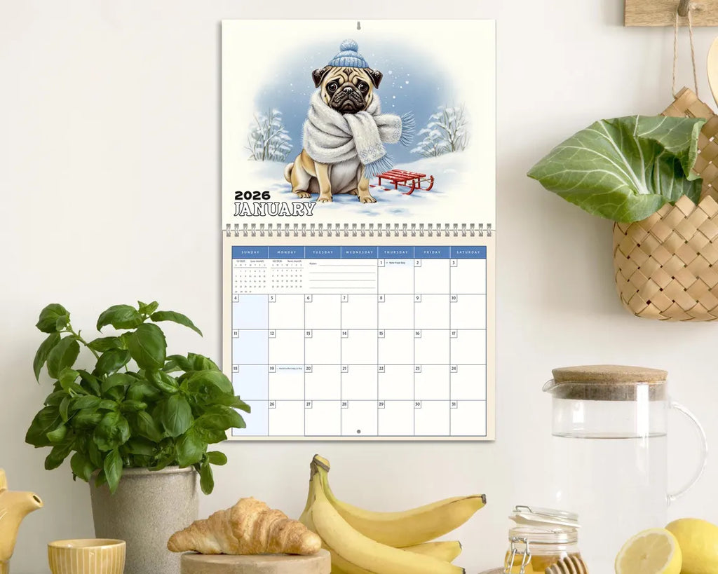 Cute Pug 2026 Wall Calendar, Adorable Dog Lover Gift, Funny Pug Puppy Planner