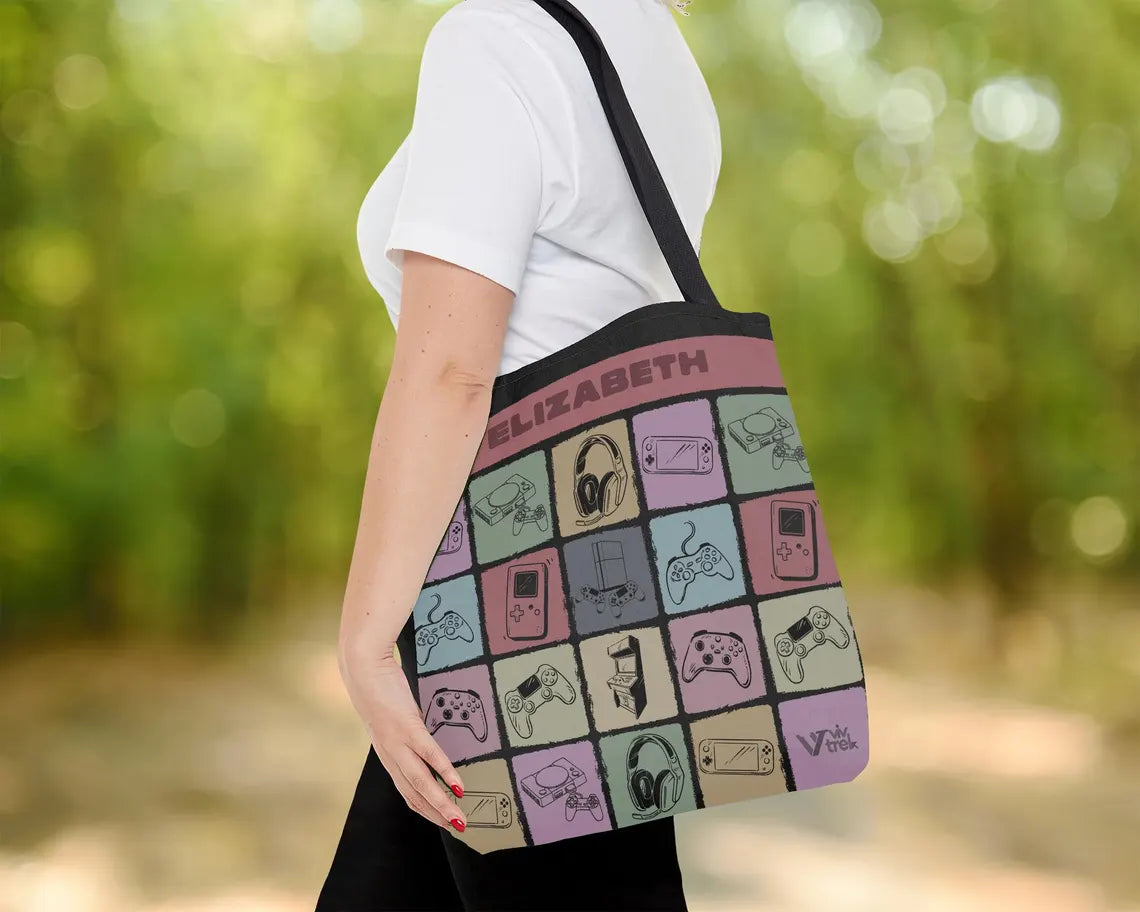 Custom Name Video Gaming Tote Bag | Personalized Gamer Gift | Retro Game Lover Shopper | Vintage Player Carry Bag Unique Present
