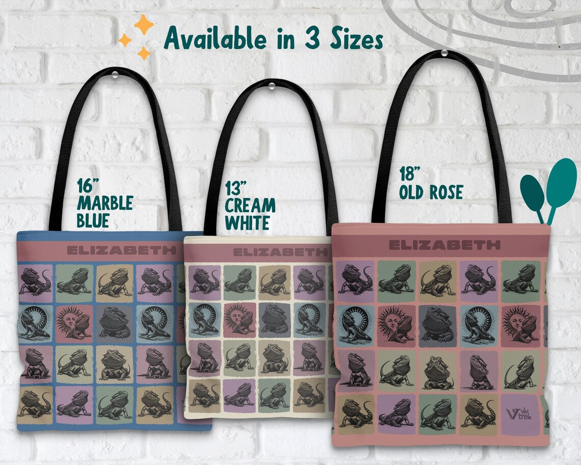 Custom Name Bearded Dragon Tote Bag | Personalized Reptile Lover Gift | Retro Pet Shopper | Vintage Graphic Bearded Dragon Carry Bag