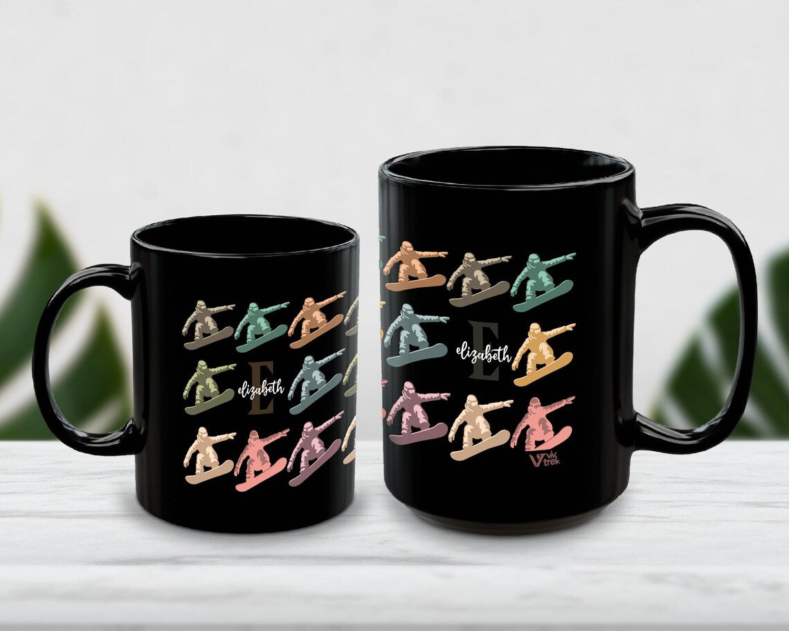 Snowboarding Initial Custom Name Mug - Personalized Coffee Cup Gift for Snowboarder - Extreme Sports Enthusiast Winter Adventure