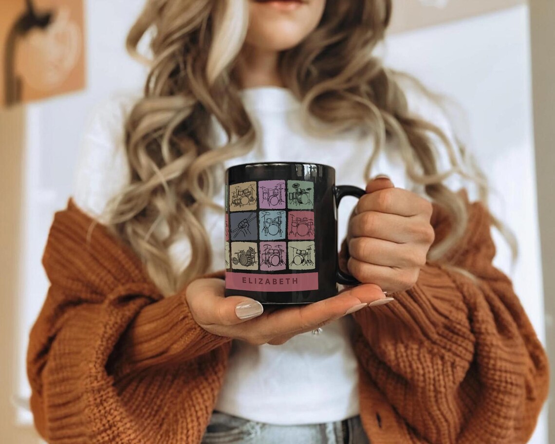 Custom Name Drummer Coffee Mug - Personalized Music Lover Cup - Retro Drum Set Mug Unique Drummer Gift for Home or Studio